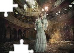 Kobieta, Biała, Sukienka, Anioł, Skrzydła, Teatr, Poświata