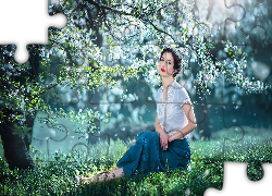 Kobieta, Trawa, Drzewo