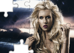 Kobieta, Blondynka, Modelka, Makijaż, Burzowe Niebo