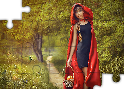 Kobieta, Las, Dróżka, Grafika