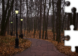 Jesień, Park, Alejka, Latarnie