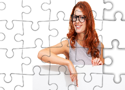 Ładna, Dziewczyna, Rude, Włosy, Okulary, Uśmiech