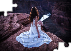 Kobieta, Biała, Suknia, Skały