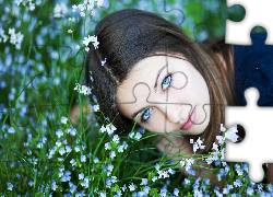 Dziewczyna, Brunetka, Błękitne, Oczy, Łąka, Kwiatki