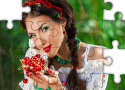 Kobieta, Makijaż, Wiśnie, Ogród