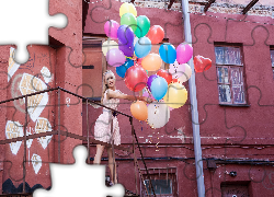 Blond, Dziewczyna, Domy, Kolorowe, Balony