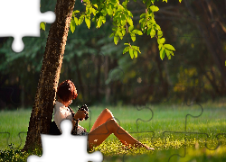 Dziewczyna, Kamera, Aparat, Drzewo