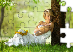 Kobieta, Blondynka, Drzewa, Wianek, Park, Wiosna