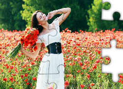 Kobieta, Łąka, Maki, Bukiet, Radość