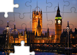 Big Ben, Pałac, Westminster, Most, Nocna, Panorama, Londynu