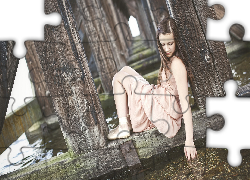 Młoda, Dziewczyna, Brunetka, Baletnica, Woda, Molo