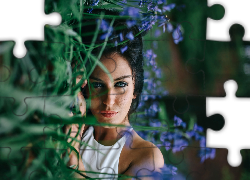 Brunetka, Makijaż, Niebieskie, Kwiaty