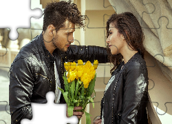 Mężczyzna, Kobieta, Bukiet, Tulipanów, Miłość