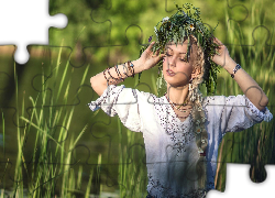 Kobieta, Warkocz, Wianek, Stokrotki, Biżuteria, Trawy