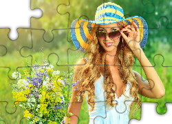 Blondynka, Kapelusz, Okulary, Łąka, Bukiet, Polnych, Kwiatów