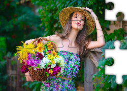 Kobieta, Kapelusz, Bukiet, Kwiatów, Koszyk, Ogrodzenie, Dom
