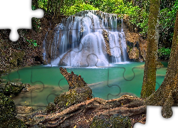 Wodospad, Huai Mae Khamin Waterfall, Drzewa, Rzeka, Skały, Kanchanaburi, Tajlandia