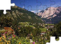 Góry, Jezioro, Domy, Austria, Wieś
