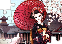 Kobieta, Gejsza, Kimono, Parasol, Japonia, Manga, Anime