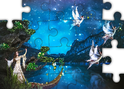Fantasy, Góry, Jezioro, Drzewa, Noc, Gwiazdy, Elfy, Aniołki, Dziewczyna