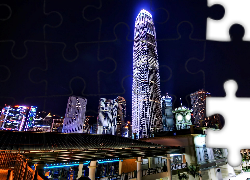 Hong Kong, Fragment, Miasta, Wieżowce, Noc, Niebo