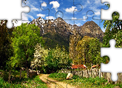 Góry, Droga, Drzewa, Wioska