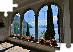 Varenna, Villa Monastero, Włochy, Jezioro, Góry, Kolumny, Kwiaty