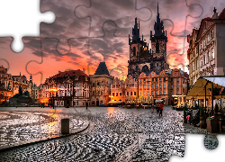 Praga, Czechy, Miasto, Domy, Wieże, Zachód Słońca