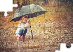 Dziecko, Dziewczynka, Parasol, Deszcz, Kalosze, Kałuże