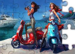 Grafika, Dziewczyny, Skutery, Motorówka, Morze, Droga