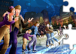 Lodowisko, Ludzie, Choinki, Domy