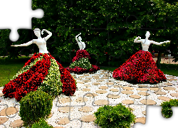 Park, Kwiaty, Klomby, Figurki, Krzewy, Drzewa