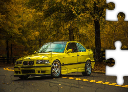 Żółte, BMW, E36, Szosa, Drzewa