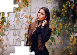 Kobieta, Modelka, Park, Mgła, Drzewa, Jesień