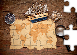 Mapa, Muszelka, Lupa, Statek, Kompas