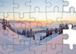 Góry, Zima, Śnieg, Drzewa, Zachód Słońca