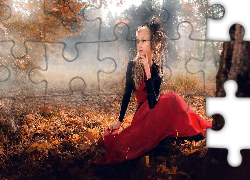 Modelka, Blondynka, Park, Mgła, Liście, Sesja, Zdjęciowa, Jesień