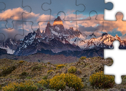 Góry, W, Chmurach, Śnieg, Roślinność, Patagonia, Argentyna