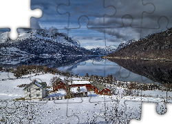 Zima, Góry, Jezioro, Domy, Drzewa, Śnieg, Valdres, Norwegia