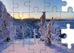 Zima, Góry, Lasy, Zachód Słońca, Kuusamo, Finlandia