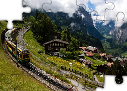 Domy, Kolej, Pociąg, Góry, Chmury, Lauterbrunnen, Szwajcaria