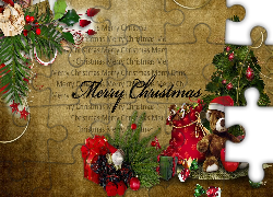 Świąteczna, Vintage, Miś, Choinka, Worek, Prezenty, Merry, Christmas