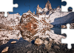 Niebo, Góry, Śnieg, Skały, Rzeka, Woda, Kamienie