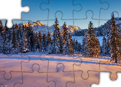 Zima, Góry, Las, Zachód Słońca, Drzewa