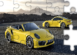 Dwa, Żółte, Porsche, 911, Turbo, Góry