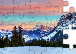 Alpy, Szwajcarskie, Zaróżowione, Niebo, Las, Iglasty, Śnieg