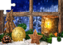 Drewniane, Ozdoby, Gałązki, Śnieg, Okno, Kompozycja, Boże Narodzenie