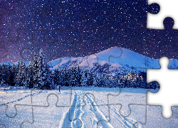 Góry, Las, Gwiazdy, Śnieg, Niebo