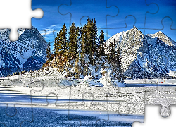 Zima, Góry, Zamarznięte, Jezioro, Wyspa, Drzewa