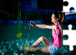 Dziewczyna, Azjatka, Kort, Rakieta, Lotki, Sport, Badminton
